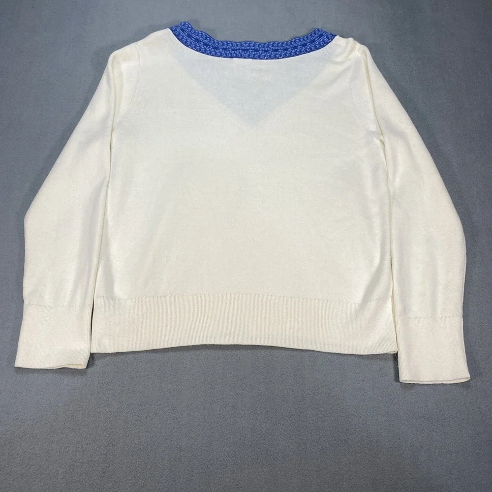 Talbots Rib Knit Sweater Large Ivory Contrast Blue Trim Pullover Layer Ready